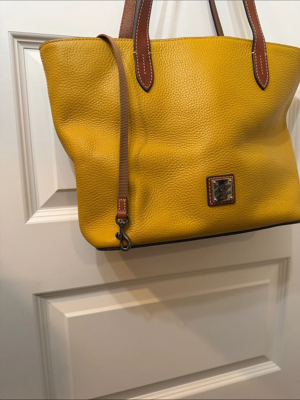 Dooney & Bourke Mustard Yellow Pebble Leather Tote with Brown Handles